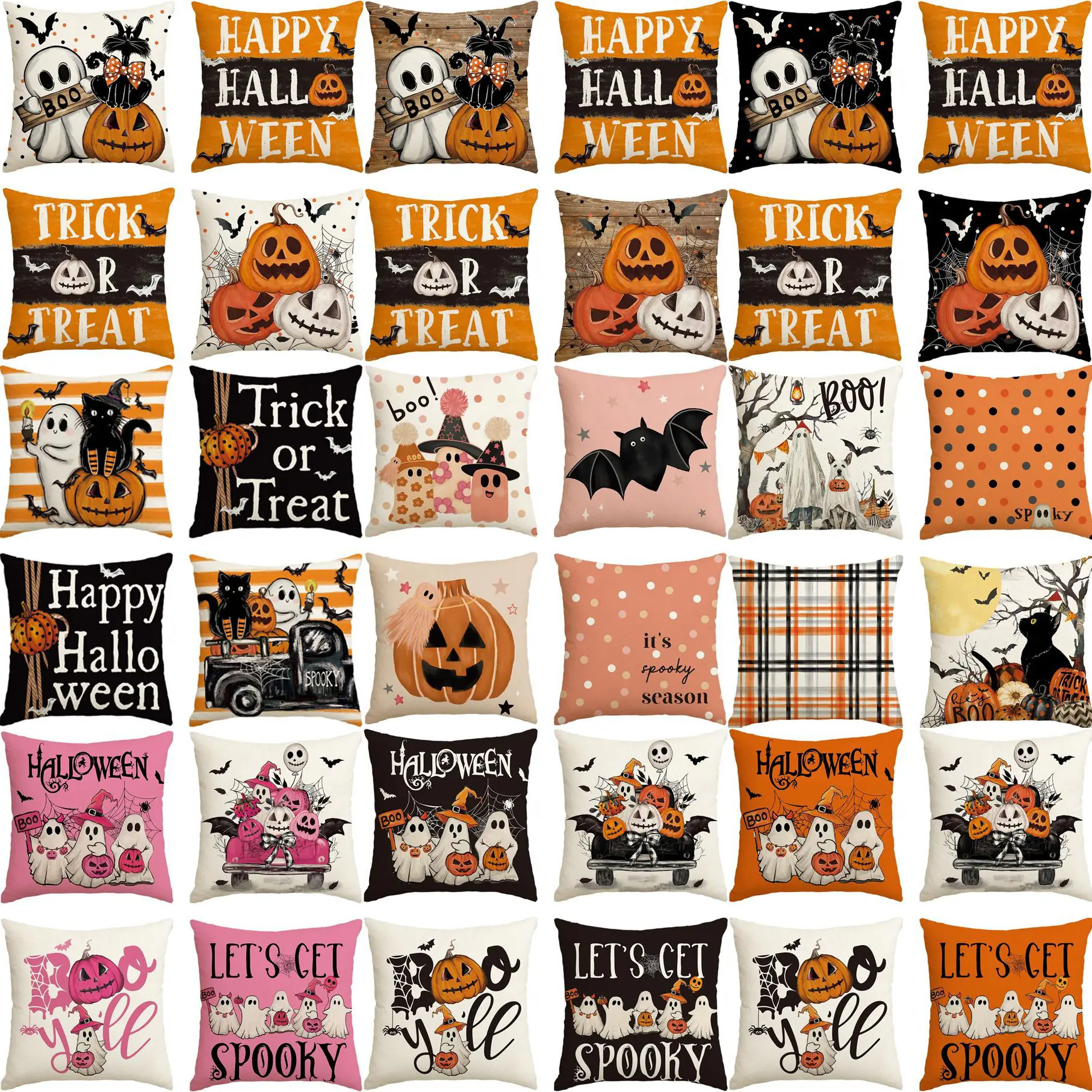 Halloween Throw Pillow Covers - Ghost, Skull & Pumpkin Printed Cushion Cases for Sofa, Living Room Decor (Bulk Wholesale Available)
