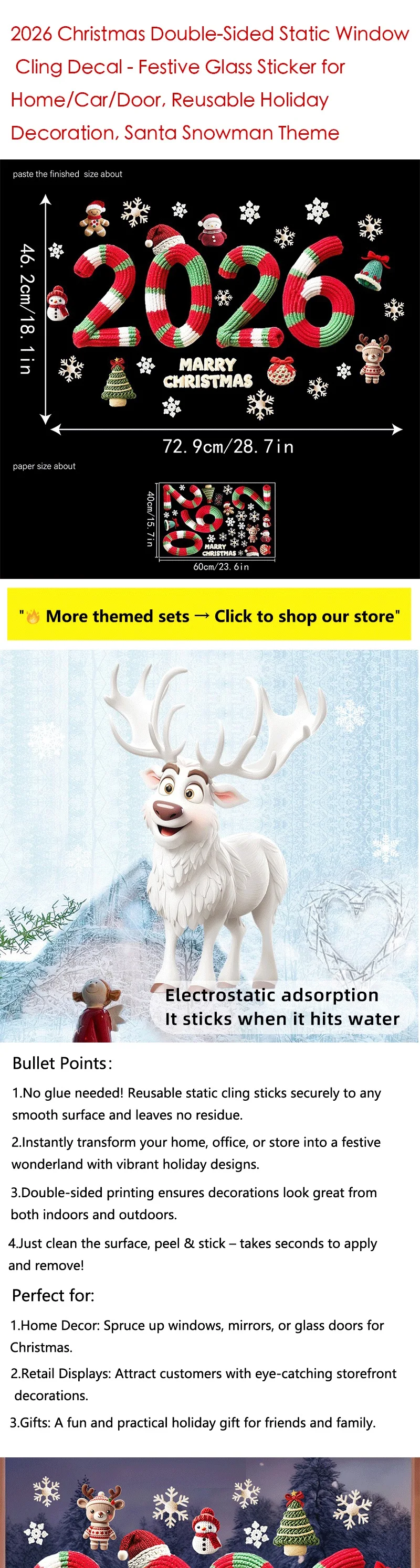 2026 Christmas Double-Sided Static Window Cling Decal-Festive Glass Sticker for Home/Car/Door, Holiday Decoration, Santa Snowman - 图片 6