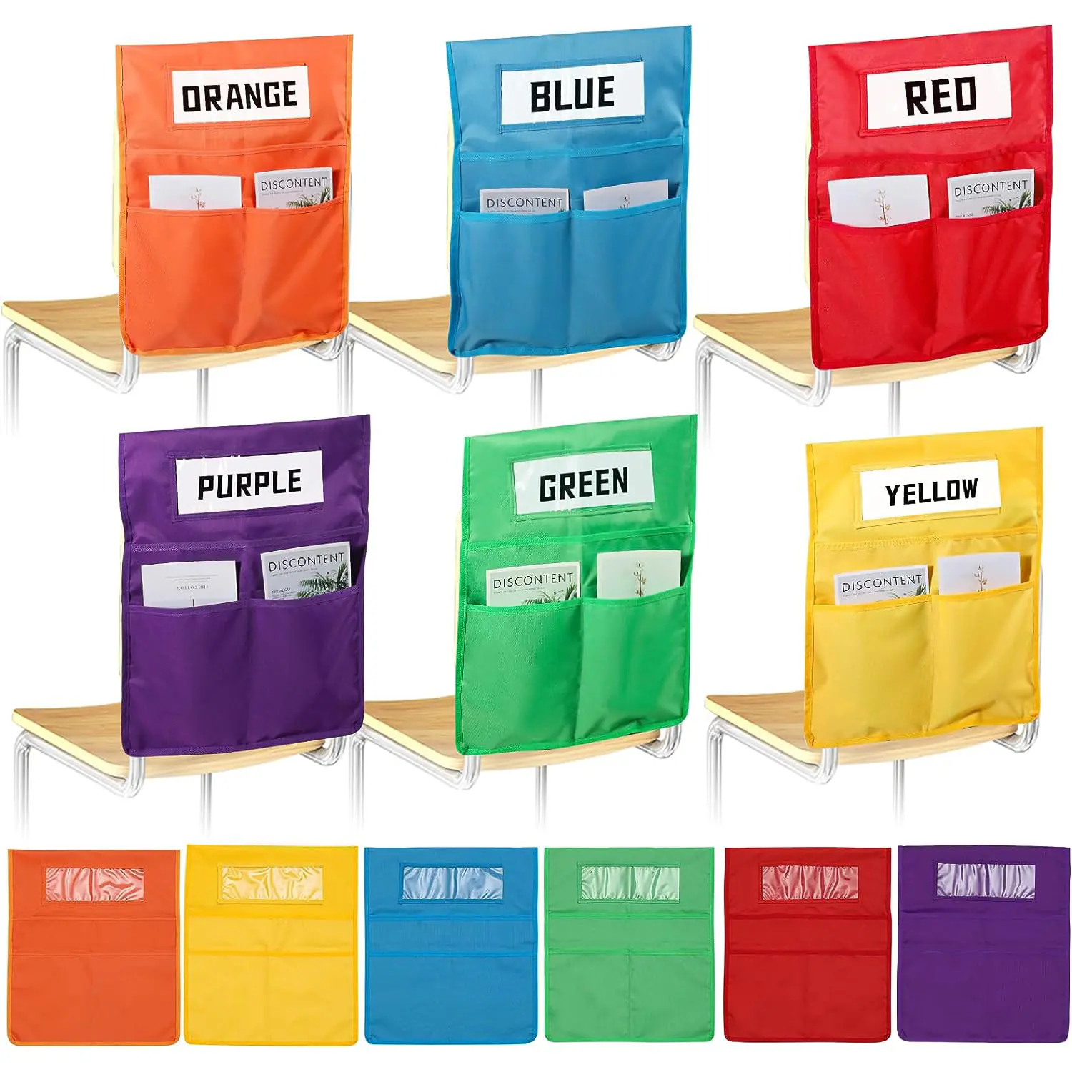 6pcs Large Chairback Pocket Chart Student Chair Pockets Chairback Classroom Organizer Bag with Name Tag for Desktop Organization