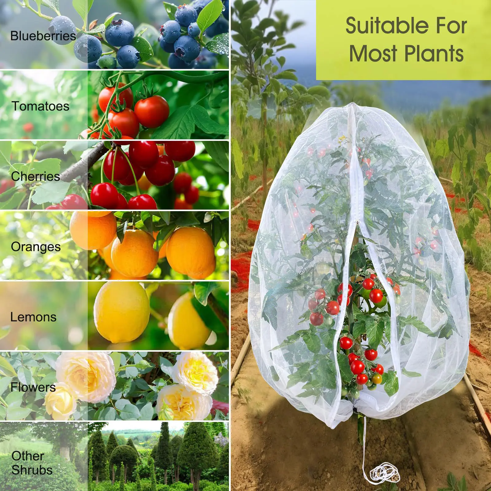 Large Fruits Tree Netting Cover with Zipper and Drawstring Garden Insect Netting Transparent Bird Plant Barrier Mesh Screen