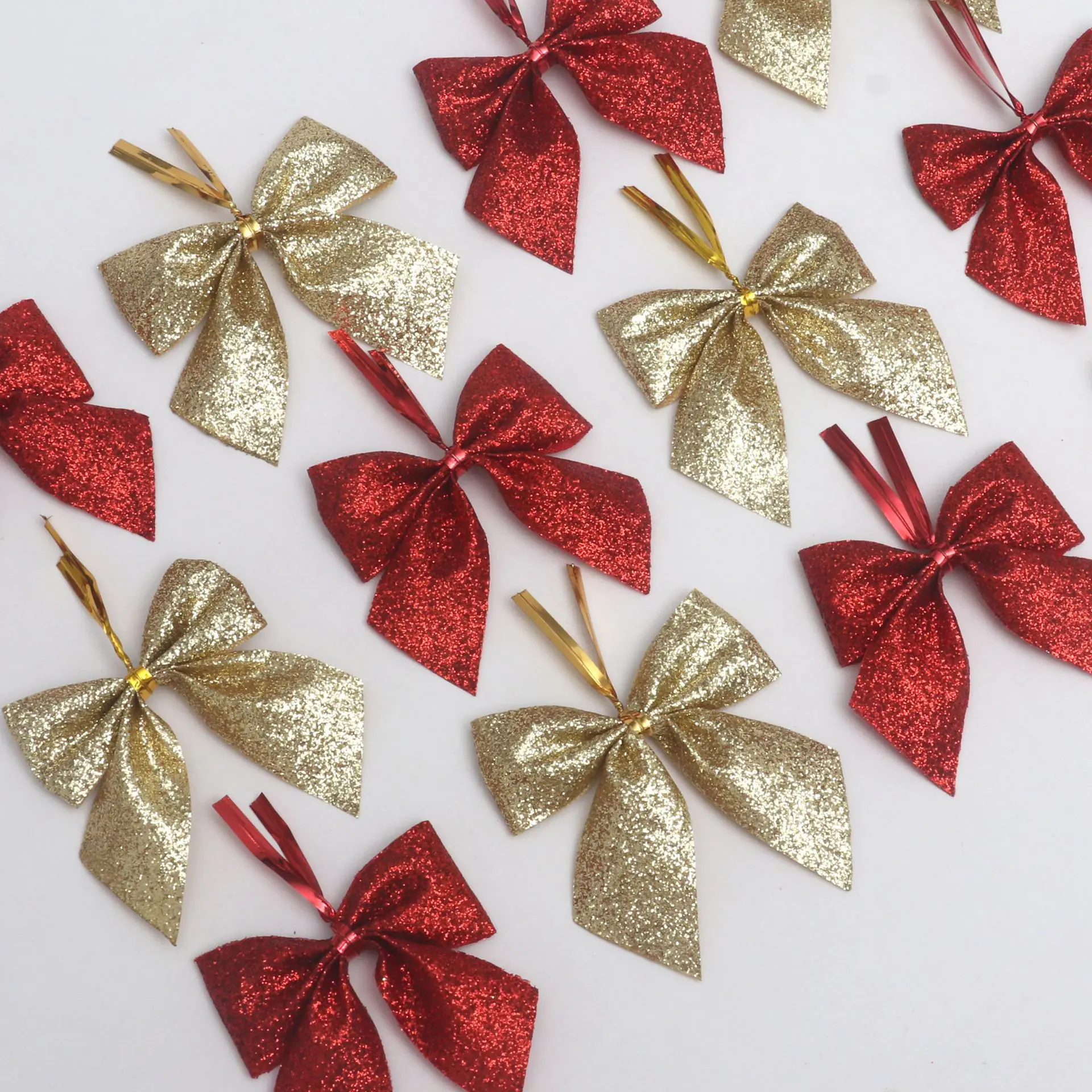 Christmas Glitter Bows Red Gold Wreaths Decor Mini Bowknot Xmas Tree Ornaments New Year Home Party Scene Decoration Props