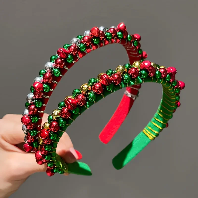 Christmas Headband for Women - Red & Green Beaded Headwrap with Gold Bells, Thin Velvet Festive Hair Accessory for Holiday Parties