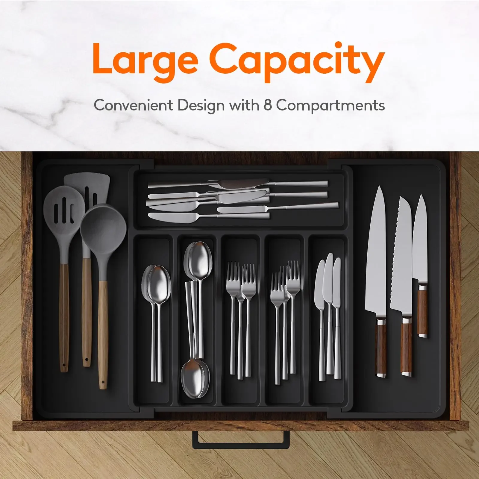 Adjustable Silverware Drawer Organizer Tray - Expandable Utensil Divider for Cutlery, Knives & Kitchen Tools | Plastic Storage Tray for Drawer & Counter