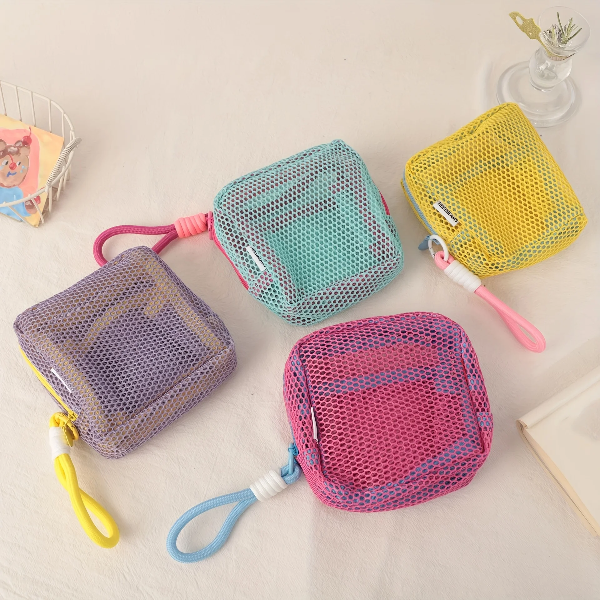 Dopamine Makeup Bag - Cute Tofu Pouch with Mesh, Trendy Square Cosmetic Bag for Girls, Vibrant Color Travel Organizer