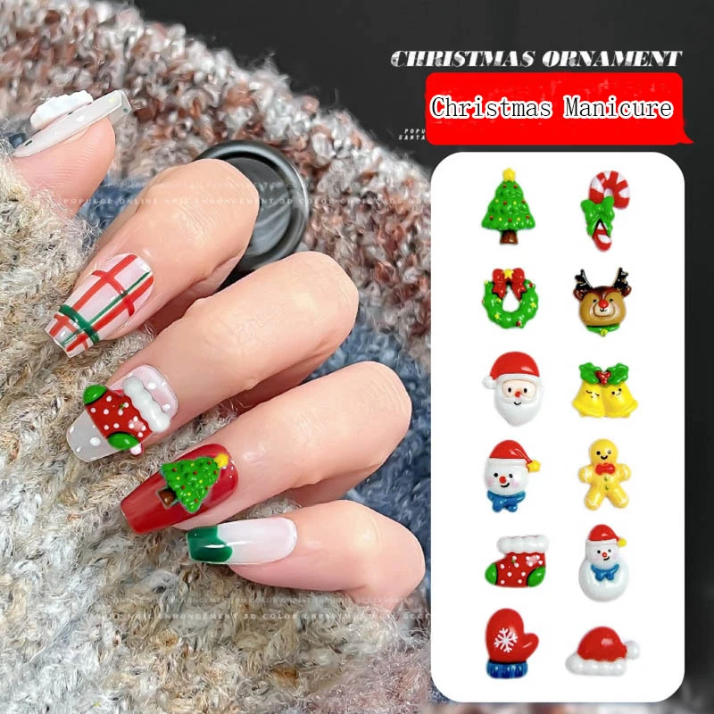 3D Cartoon Santa Claus Elk Nail Charms Cute Snowman Dot Christmas Socks Nail Art Decorations for DIY Christmas Style Nails