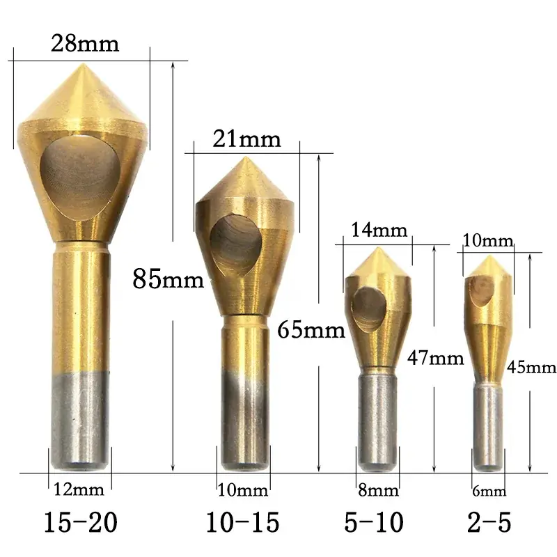 1/4pcs Set Titanium Countersink Deburring Drill Taper Hole Cutter Steel/Aluminum Countersunk Head Chamfering Tools 2-5-10-15-20 - 图片 2