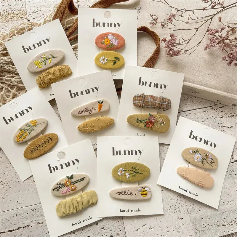 Korean Sweet Simple Embroidered Flower Baby Hair Clip Cute Versatile Children Headwear BB Clips Yellow Fabric Kids Girls Hairpin