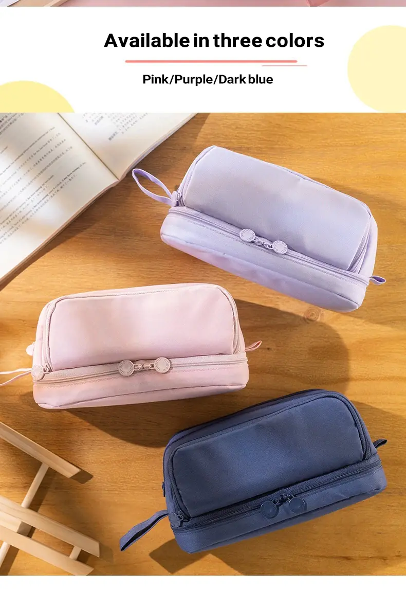 Large Capacity Pencil Case Simple Solid Color Stationery Box Double Layer Multifunctional Pen Pouch Students School Supplies