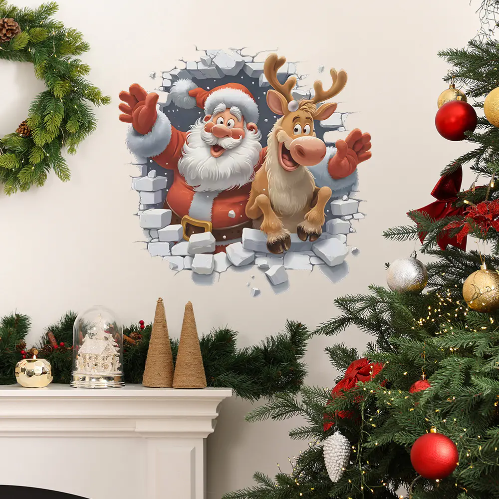 Santa & Reindeer Christmas Wall Stickers Removable Self-Adhesive Festive Decor For Bedroom Living Room Decoration Wall Decal