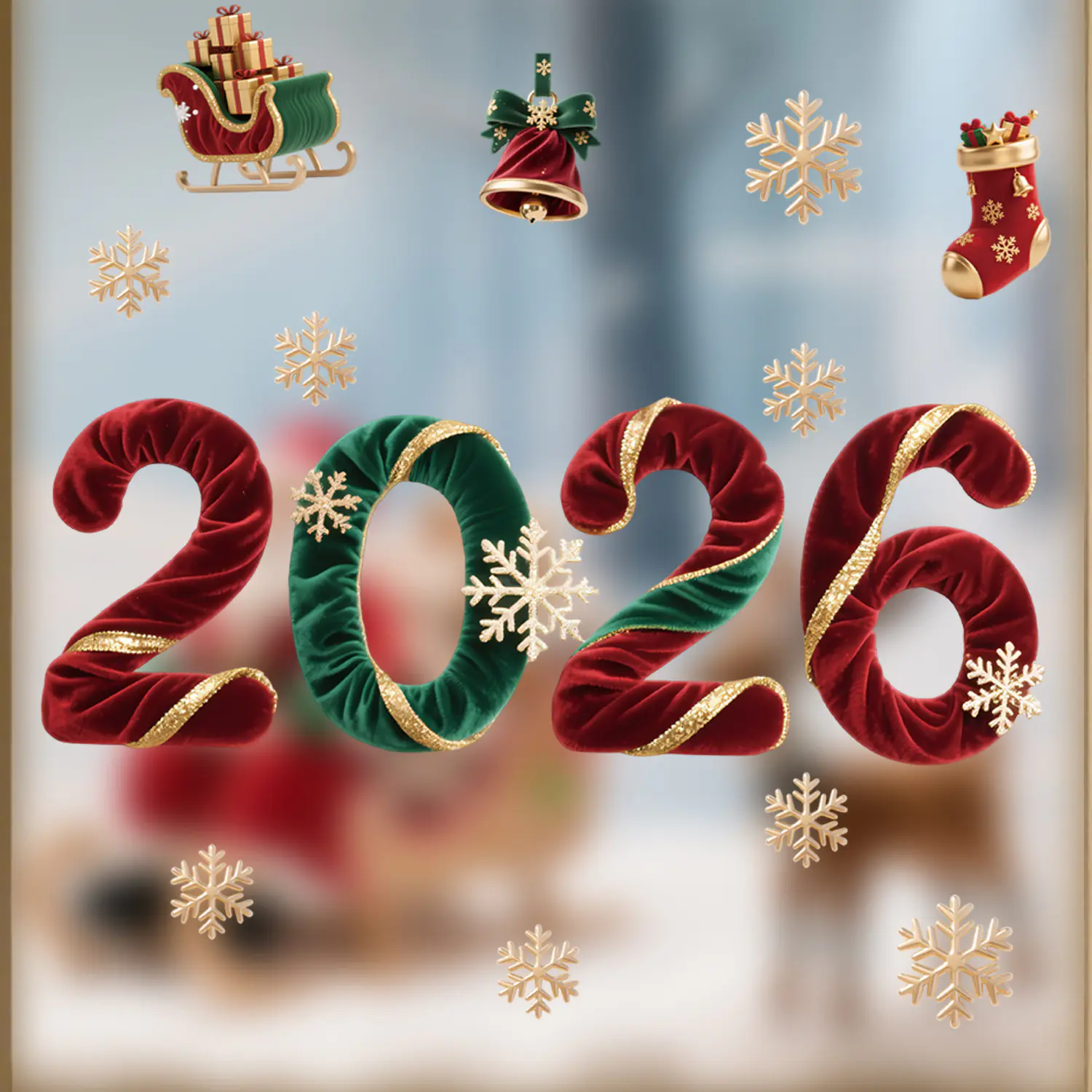 2026 New Silk Material Static Cling Decal, Removable PVC Sticker for Christmas Atmosphere Decor in Shopping Malls