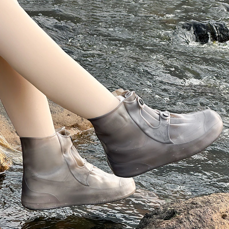 Middle Top Rain Shoe Covers Waterproof Protector Rain Boot Covers Reusable Non-slip PVC Overshoes With Buttons for Women Men - 图片 5