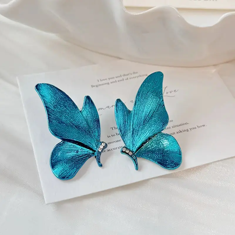 Vintage Blue Butterfly Stud Earrings - Minimalist Dainty Elegant Jewelry, Unique Wing Design Ear Accessories for Women - 图片 6