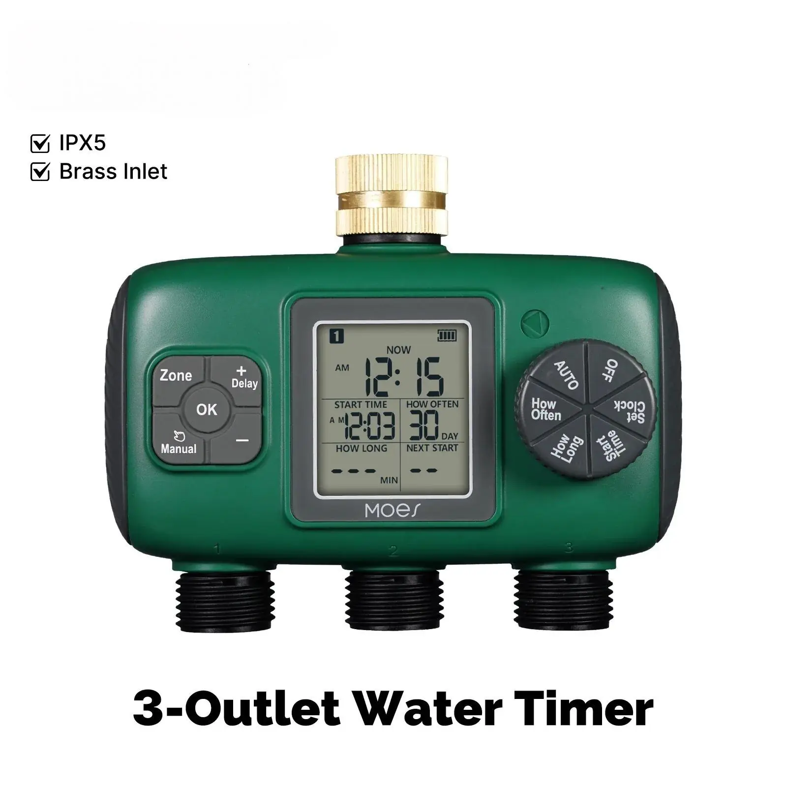 3-Outlet Smart Water Timer Brass Inlet IPX5Waterproof Knob Button Automatic Irrigation LCD Display Screen Garden Sprinkler