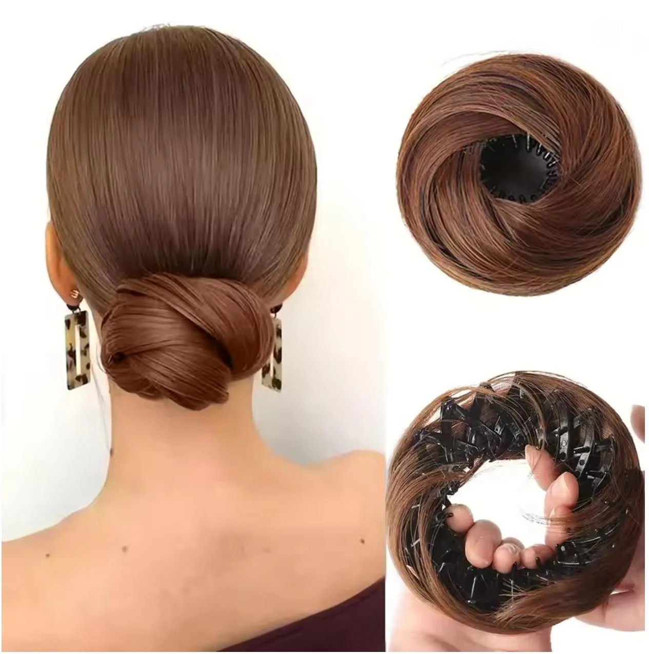 Synthetic Hair Bun With Circle Elastic Clips Straight Donut Updo Hair Wig Bird's Nest Shaped Retractable bun for Women