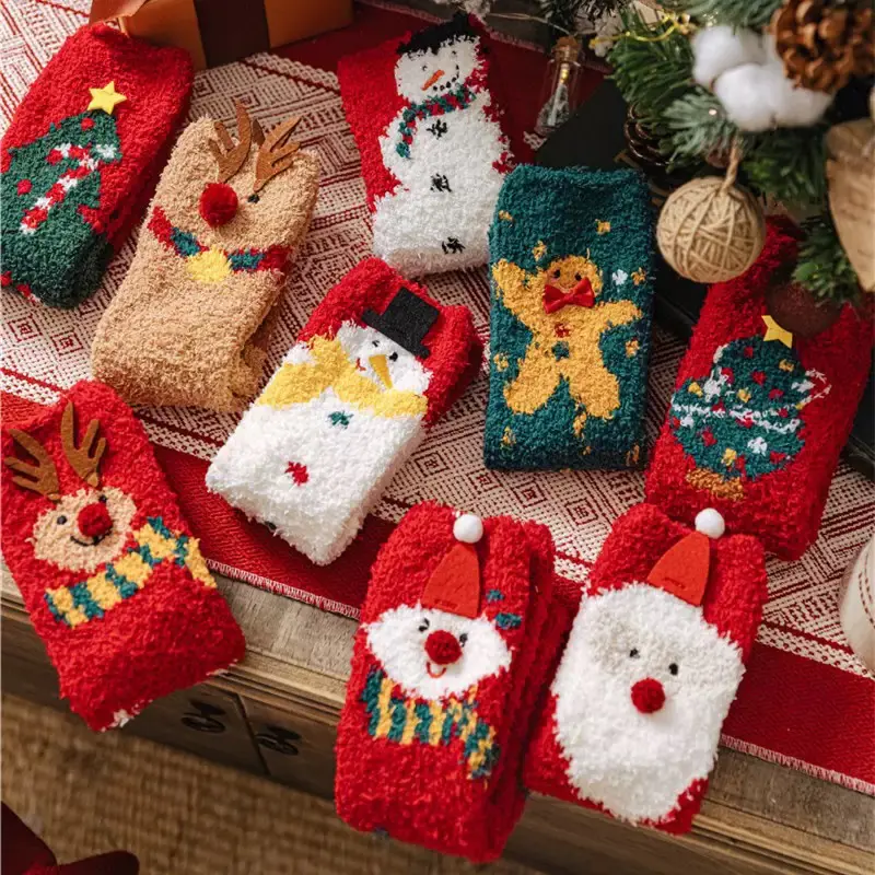 Women's Coral Fleece Sleep Socks - Cozy Mid-Crew Socks for Winter with Festive Christmas Patterns