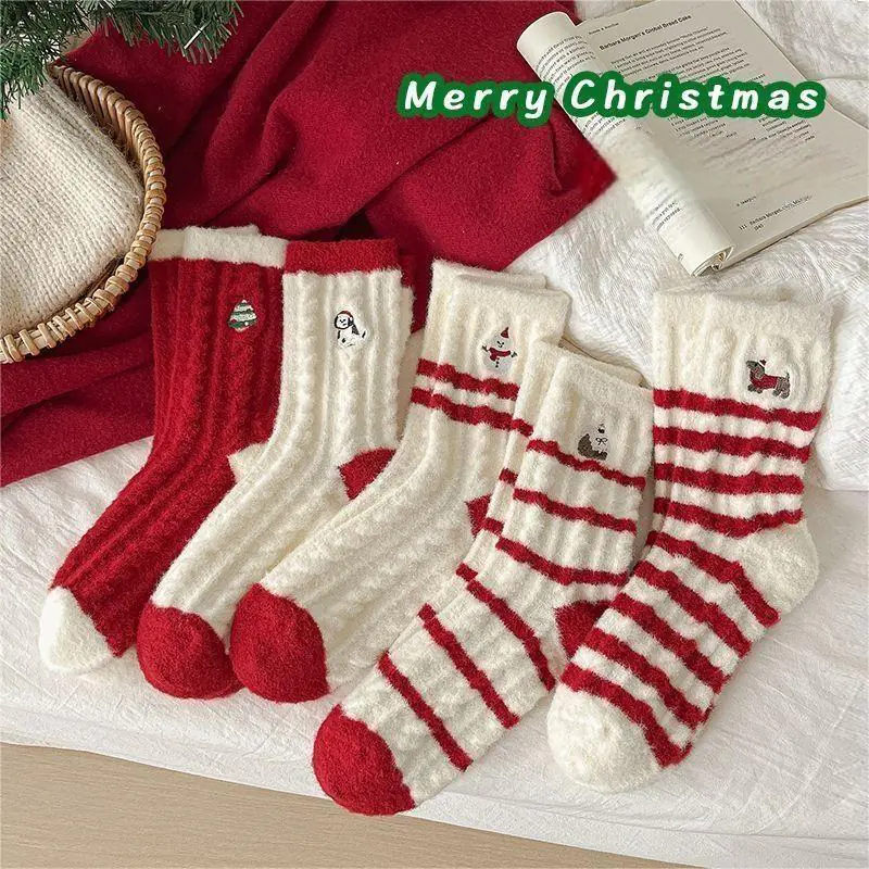 Embroidered Christmas Socks for Women - Luxury Coral Fleece Winter Sleep Socks, Cozy Gift Idea