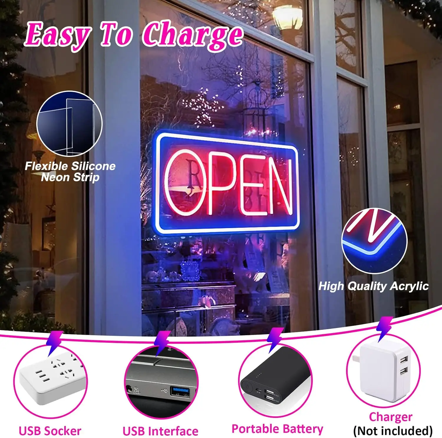 "Open" LED Neon Sign - USB Powered Business Light for Storefront, Bar, Salon & Office - 图片 3