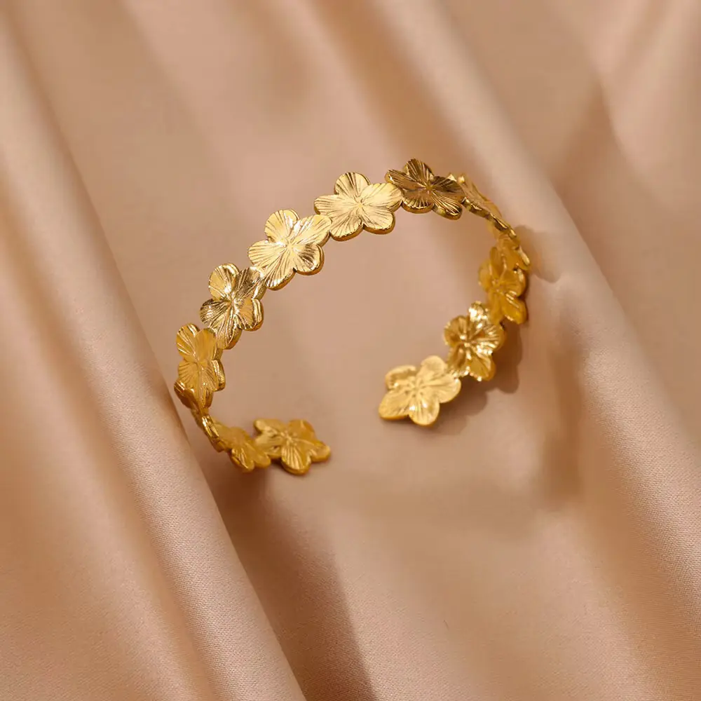 Dainty Flowers Stainless Steel Bracelet Gold Color Open Cuff Bangle for Women Wedding Jewelry Vacation Party Accessories Gifts