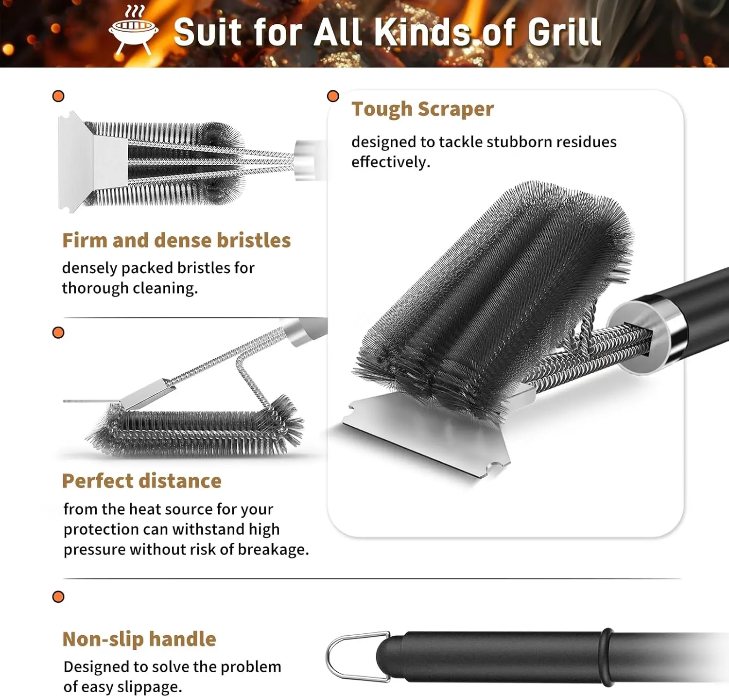 Stainless steel grill cleaning brush, outdoor BBQ grill wire brush with scraper, grill accessories, picnic tools - 图片 2