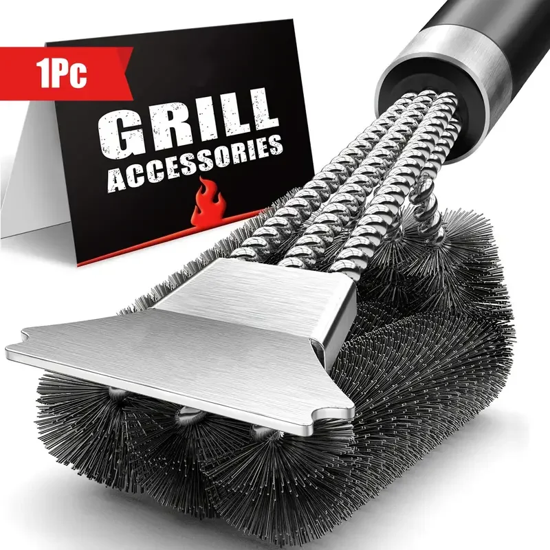 Stainless steel grill cleaning brush, outdoor BBQ grill wire brush with scraper, grill accessories, picnic tools - 图片 3