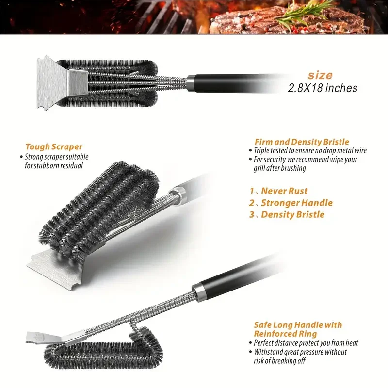 Stainless steel grill cleaning brush, outdoor BBQ grill wire brush with scraper, grill accessories, picnic tools - 图片 5