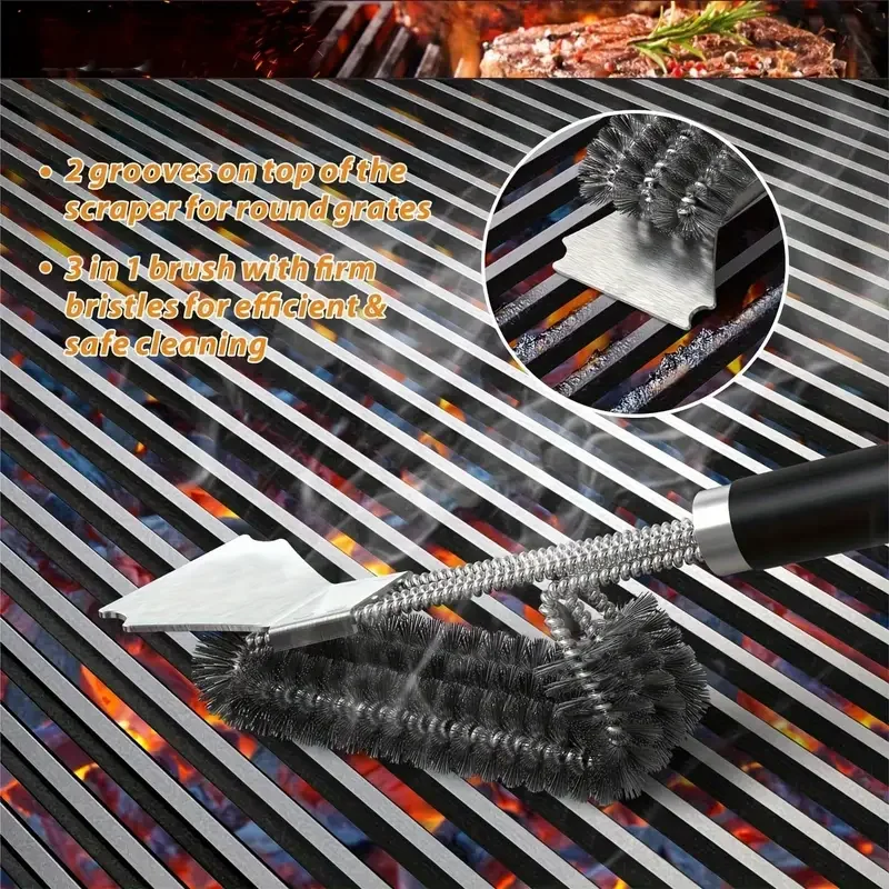 Stainless steel grill cleaning brush, outdoor BBQ grill wire brush with scraper, grill accessories, picnic tools - 图片 7