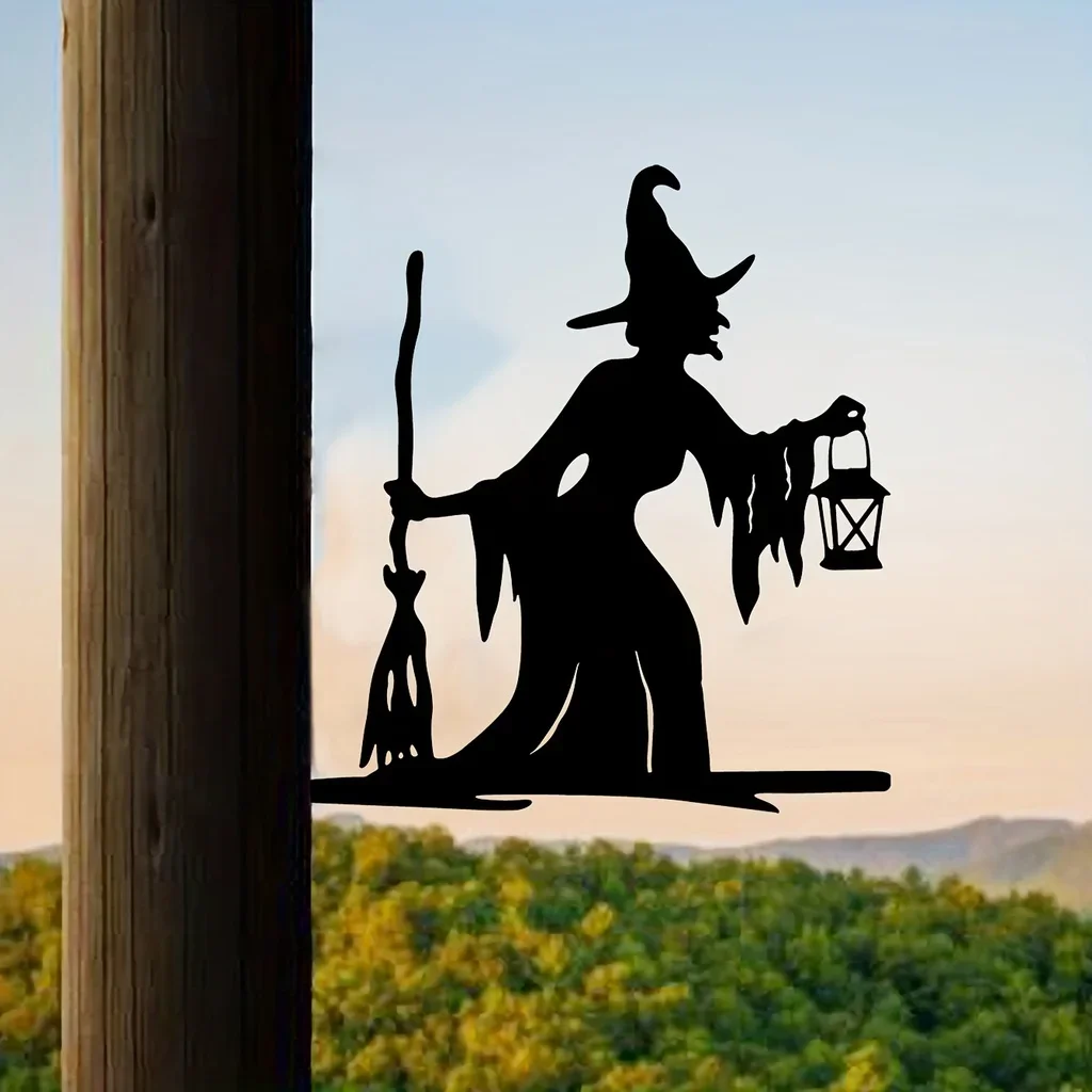 1pc Witch Lantern On Branch Steel Silhouette Metal Wall Art Home Garden Yard Patio Outdoor Statue Stake Decoration Perfect - 图片 2