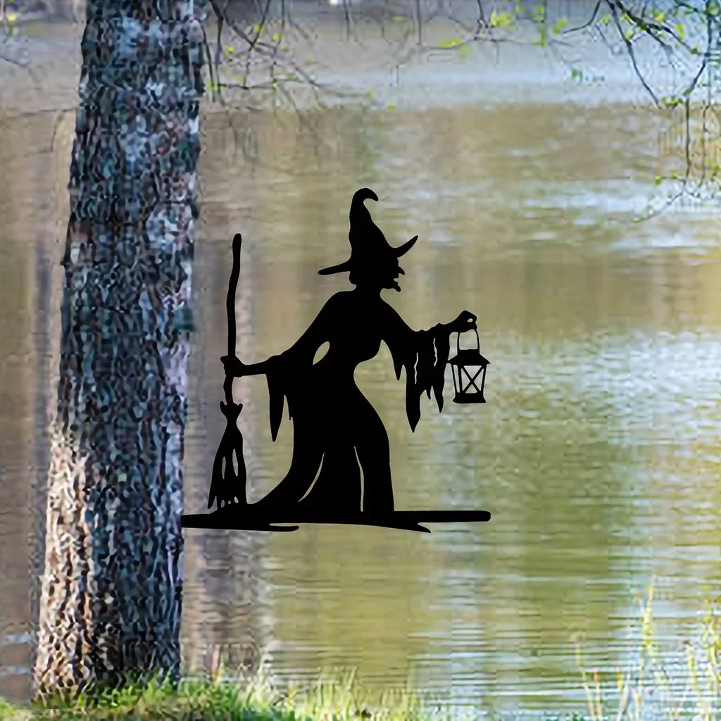 1pc Witch Lantern On Branch Steel Silhouette Metal Wall Art Home Garden Yard Patio Outdoor Statue Stake Decoration Perfect - 图片 3