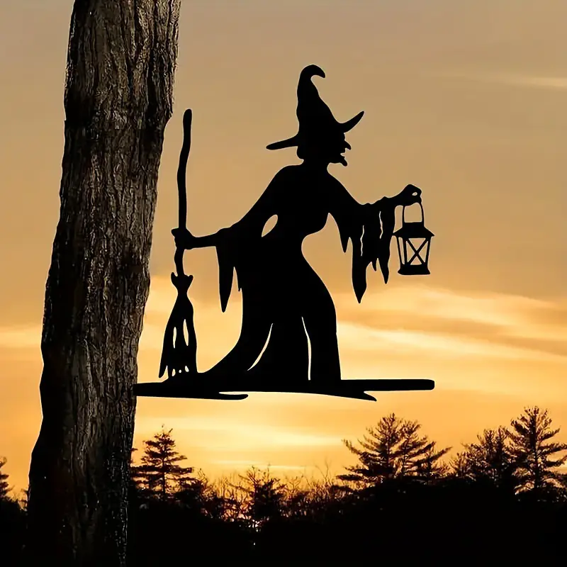 1pc Witch Lantern On Branch Steel Silhouette Metal Wall Art Home Garden Yard Patio Outdoor Statue Stake Decoration Perfect