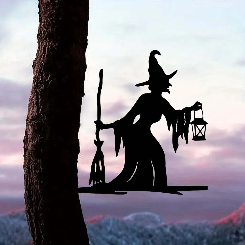 1pc Witch Lantern On Branch Steel Silhouette Metal Wall Art Home Garden Yard Patio Outdoor Statue Stake Decoration Perfect - 图片 5