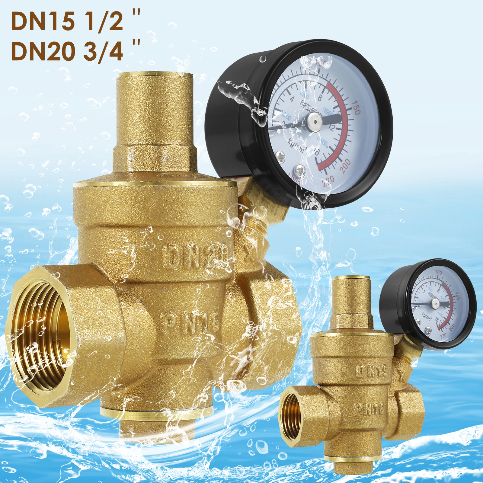 Water Pressure Reducer 3/4inch DN20 Brass Water Pressure Regulator Valve 1/2inch DN15 Adjustable Pressure Reducer with Pressure